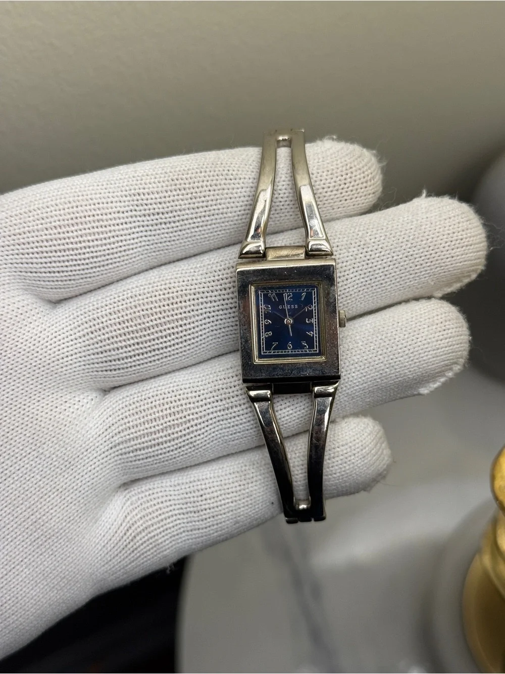 Guess Silver-Tone Bracelet Watch with Blue Dial Womens